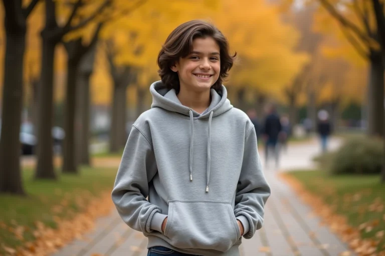 Jeune adolescent souriant dans un parc automnal, fils de chanteuse française, portrait éditorial naturel en plein air