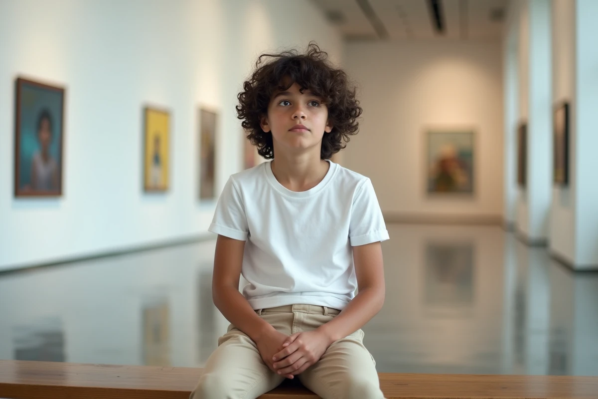 Adolescent pensif assis dans un musée d'art contemporain, portrait éditorial intérieur du fils de Jenifer