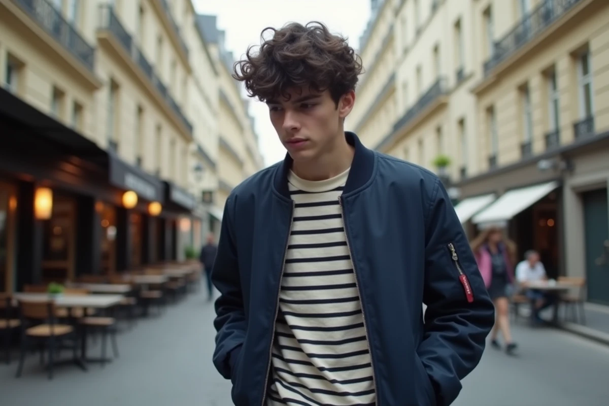 Adolescent marchant dans une rue parisienne typique, portrait de rue naturel du fils de la chanteuse Jenifer