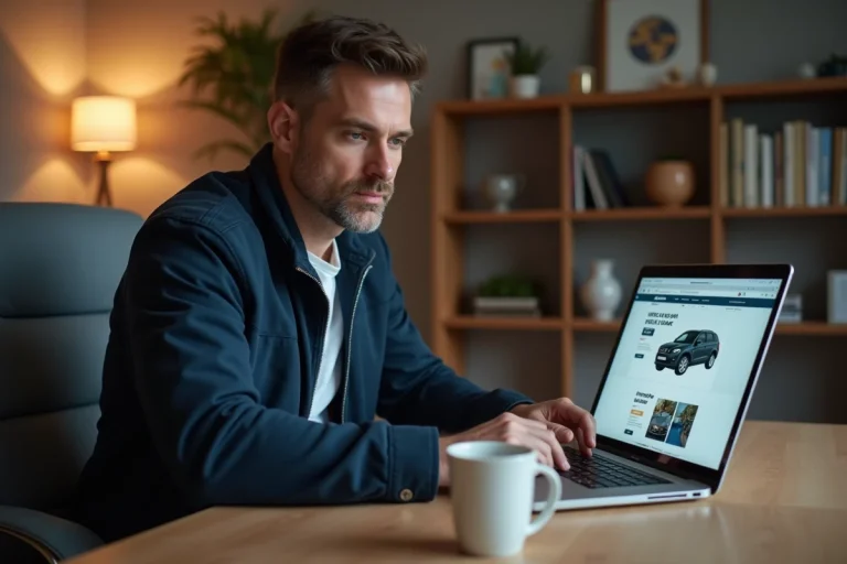 Homme consultant une plateforme de vente de voitures d'occasion en ligne sur un ordinateur portable dans un bureau à domicile
