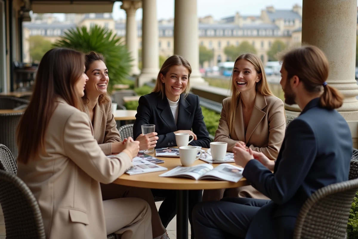 Groupe de Parisiens branchés attablés en terrasse de café près du Palais-Royal discutant des dernières tendances mode