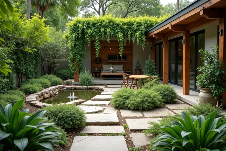 Vue d'ensemble d'un jardin résidentiel aménagé en havre de paix avec pergola, potager surélevé, fontaine et zone de détente en pierre