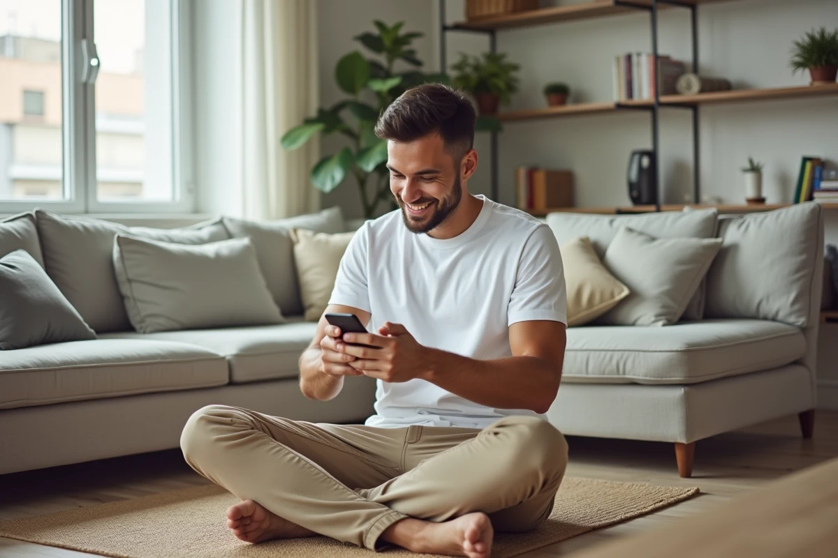 Homme satisfait dans son appartement nouvellement meublé grâce à un crédit mobilier