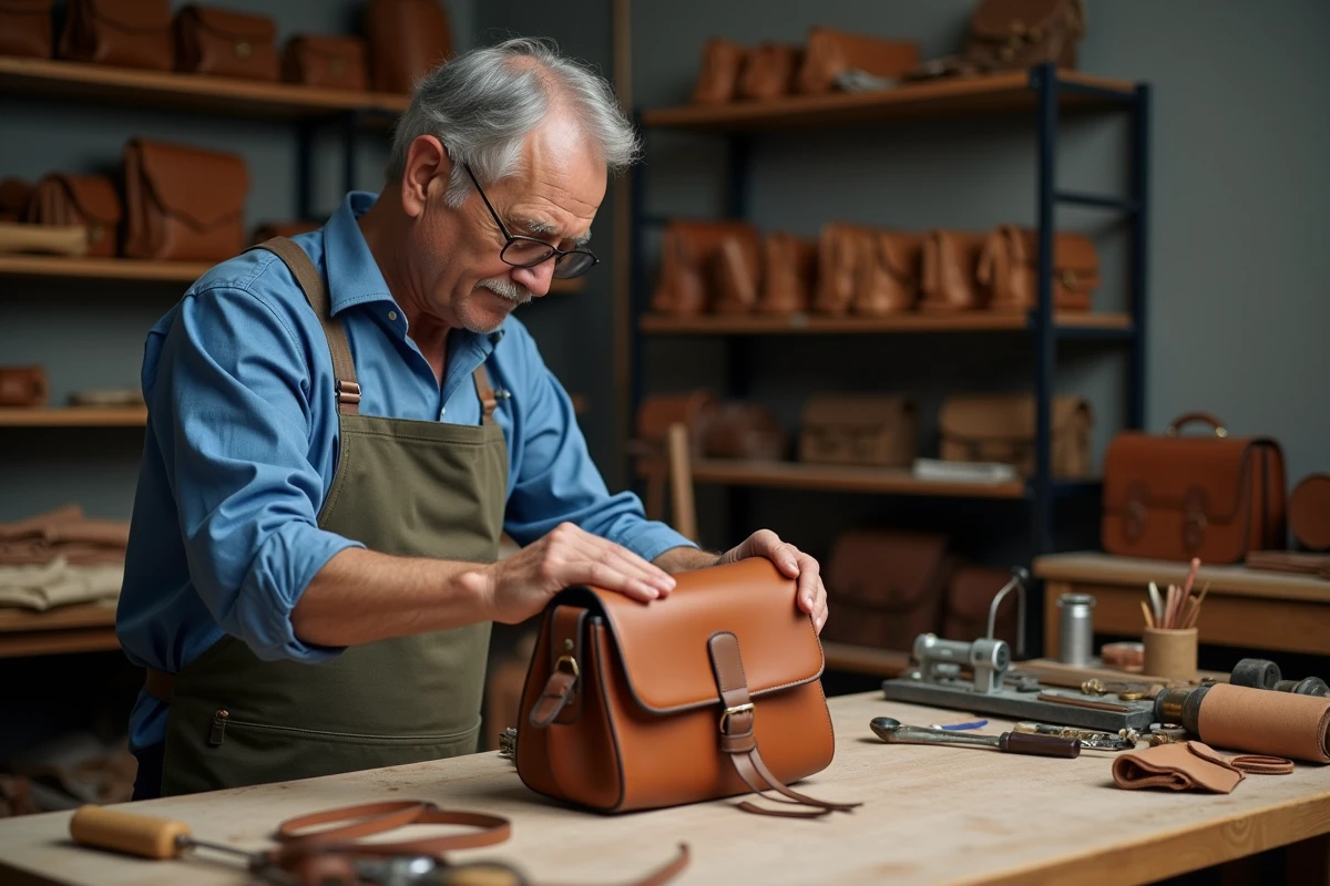 Artisan cuir expérimenté inspecte un sac en cours de fabrication