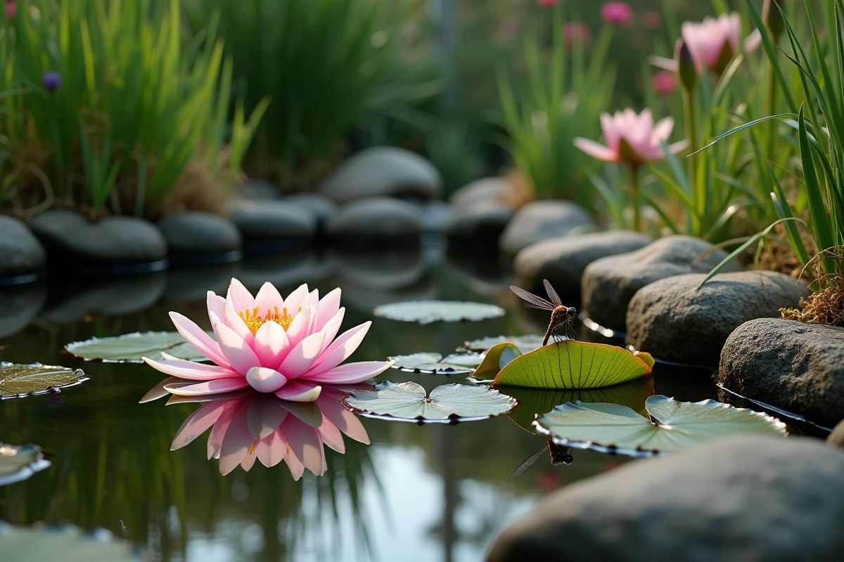 Bassin naturel sans produits chimiques avec plantes aquatiques, iris et libellule au bord de l'eau