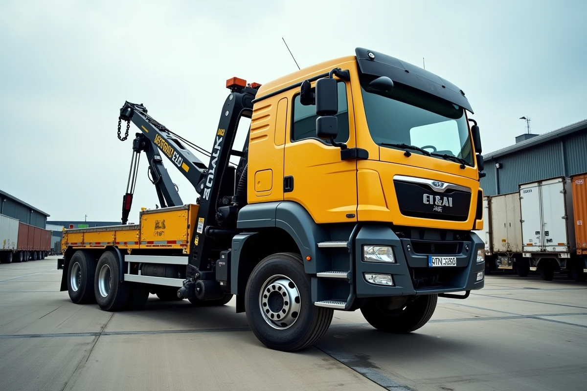 Camion de remorquage poids lourds à bras hydraulique garé dans un dépôt logistique industriel en France