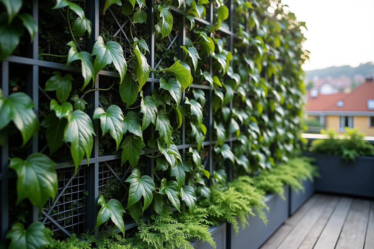 Claustra végétalisé avec treillis métallique et plantes grimpantes pour filtrer les regards sur terrasse