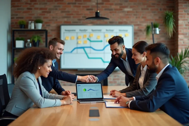 Équipe de professionnels collaborant autour d'un tableau de bord numérique en salle de réunion moderne