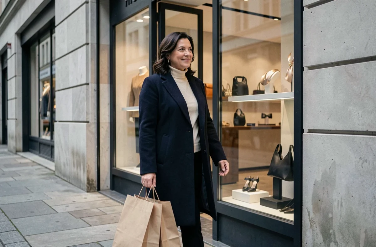 Femme élégante sortant d'une boutique concept store avec des sacs shopping dans une rue commerçante chic