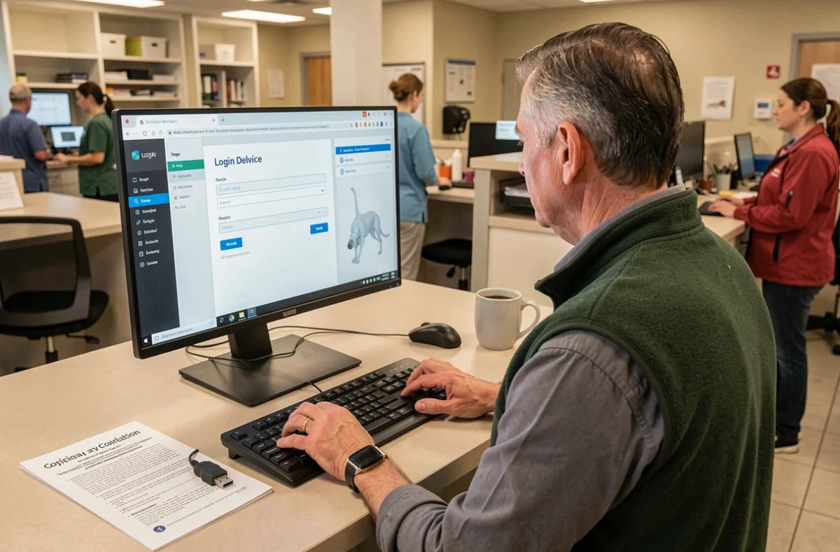 Vétérinaire senior configurant la première connexion au logiciel GM Vet 1 sur un écran de bureau dans un bureau vétérinaire