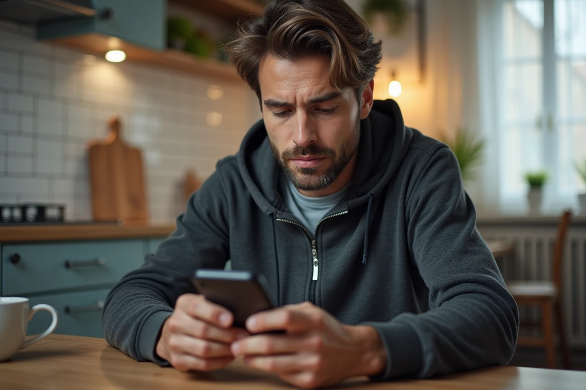 Homme contactant le service client Mondial Relay depuis son domicile à Harnes via son smartphone pour un problème de livraison