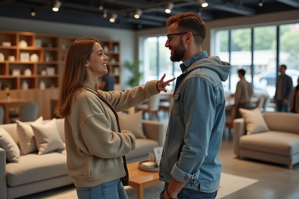 Couple en train de choisir des meubles en magasin pour financer leur appartement avec un crédit