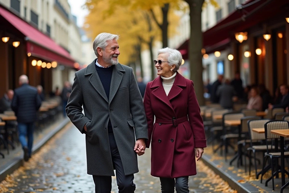 Couple élégant se promenant dans les rues de Paris en automne, illustrant la vie de couple et la complicité amoureuse