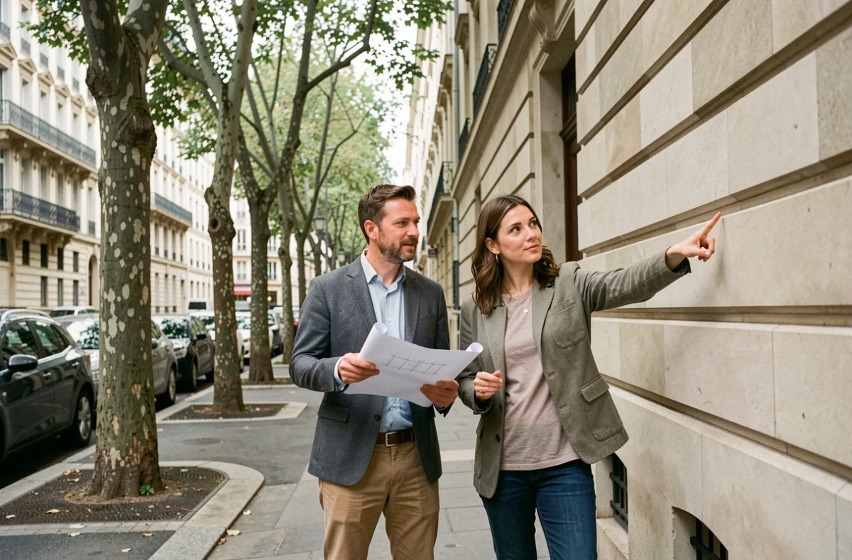 Couple évaluant un immeuble résidentiel haussmannien dans une rue parisienne pour un projet d'investissement immobilier locatif
