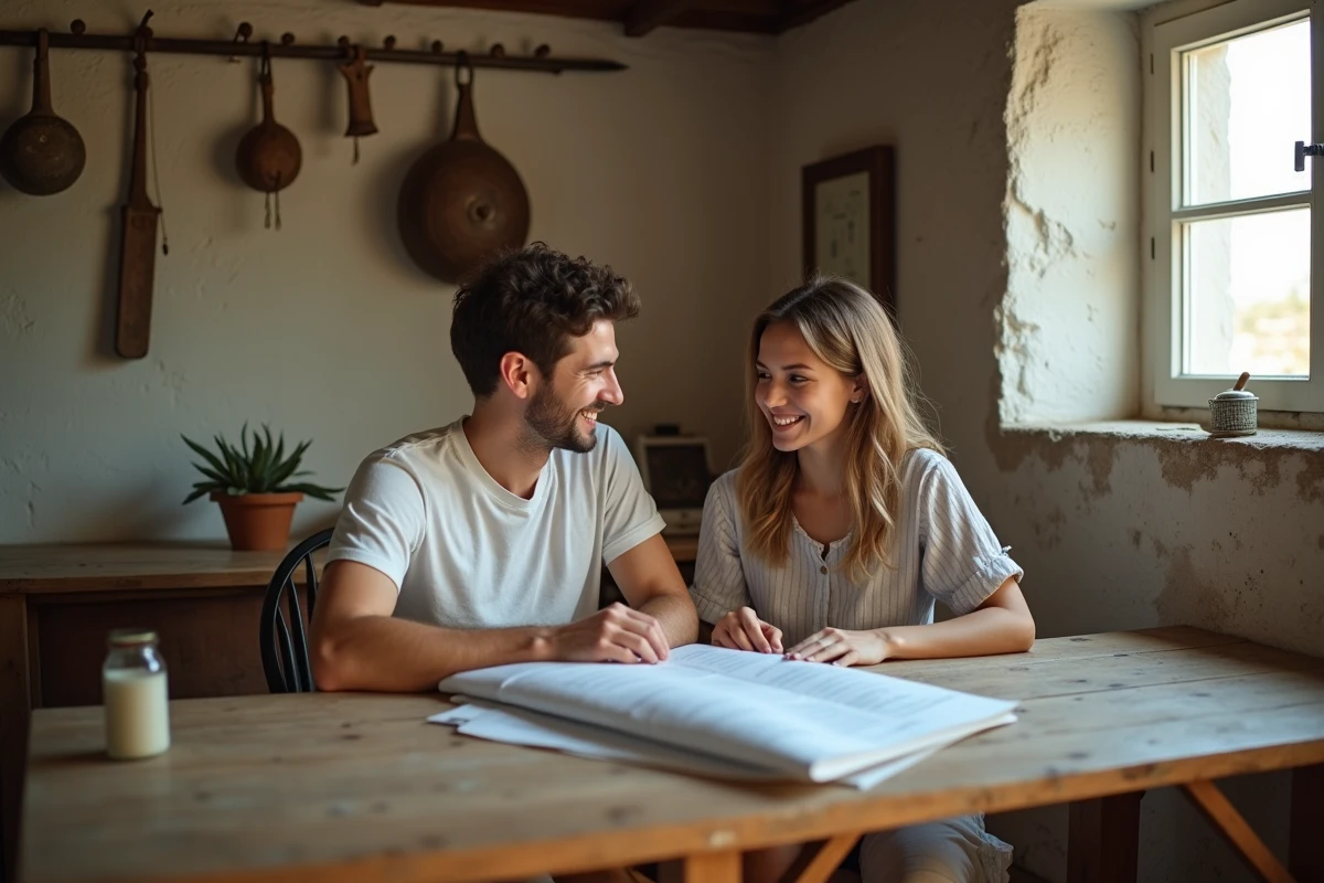 Jeune couple regardant des plans dans une maison de pecheur