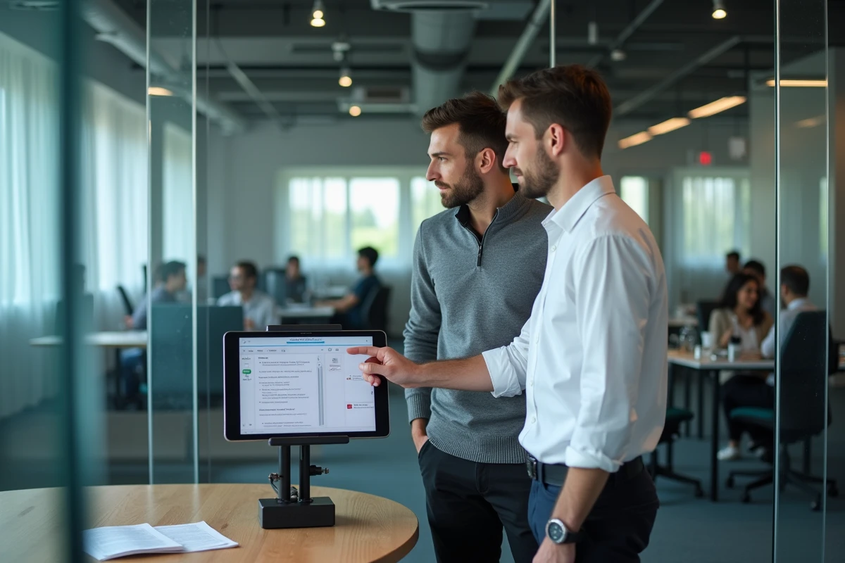 Deux collègues analysant un tableau Kanban sur tablette dans un espace de coworking moderne
