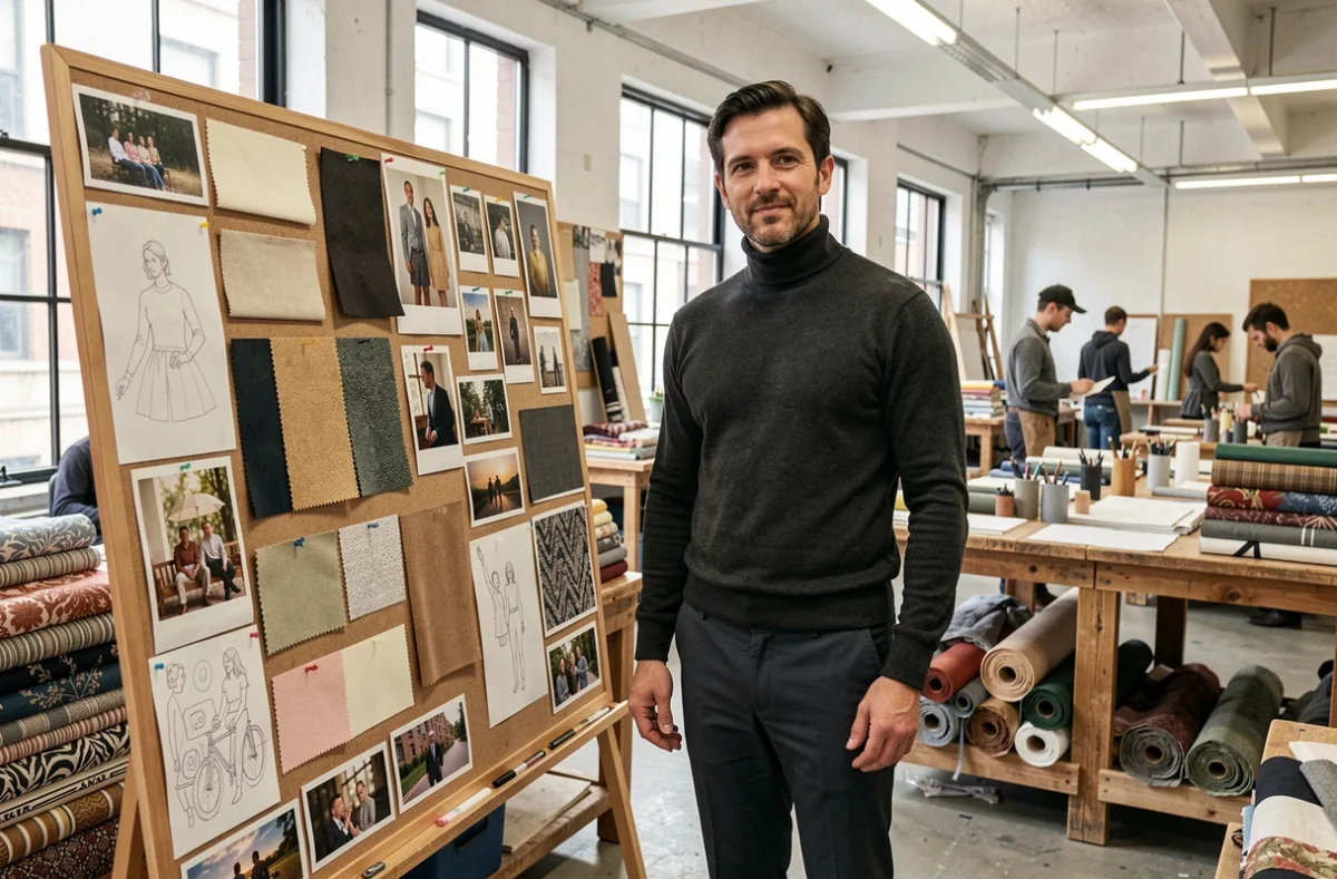 Créateur de mode masculin devant un tableau d'inspirations dans un atelier pop-up lors d'un événement dédié à la création vestimentaire