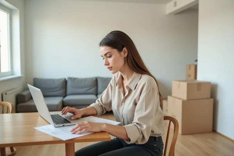 Jeune femme consultant des documents de crédit mobilier dans un appartement partiellement meublé