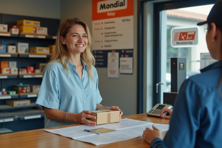 Femme déposant un colis à un point Mondial Relay à Harnes et posant une question au responsable du comptoir