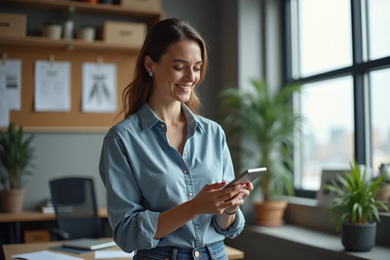 Femme designer souriante examine un prototype de téléphone