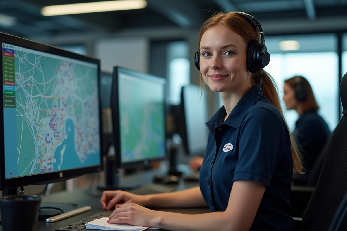 Dispatcher femme spécialisée en remorquage poids lourds travaillant dans un centre d'opérations avec suivi GPS des routes françaises