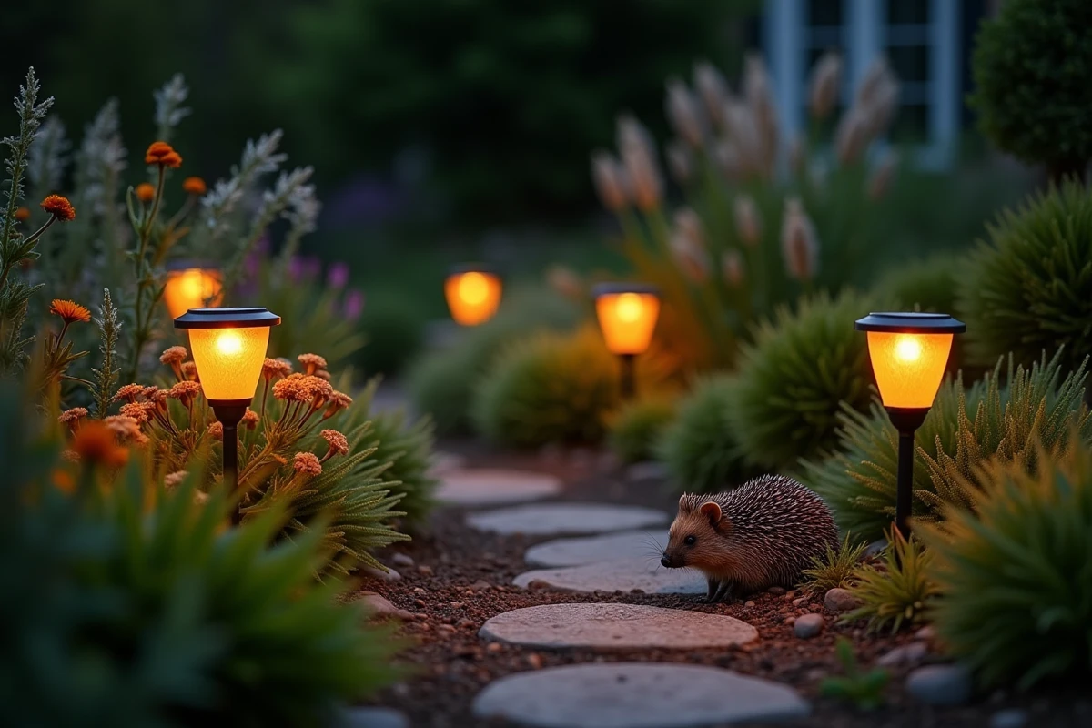 Éclairage solaire warm dim le long d'un chemin de jardin au crépuscule préservant la faune nocturne