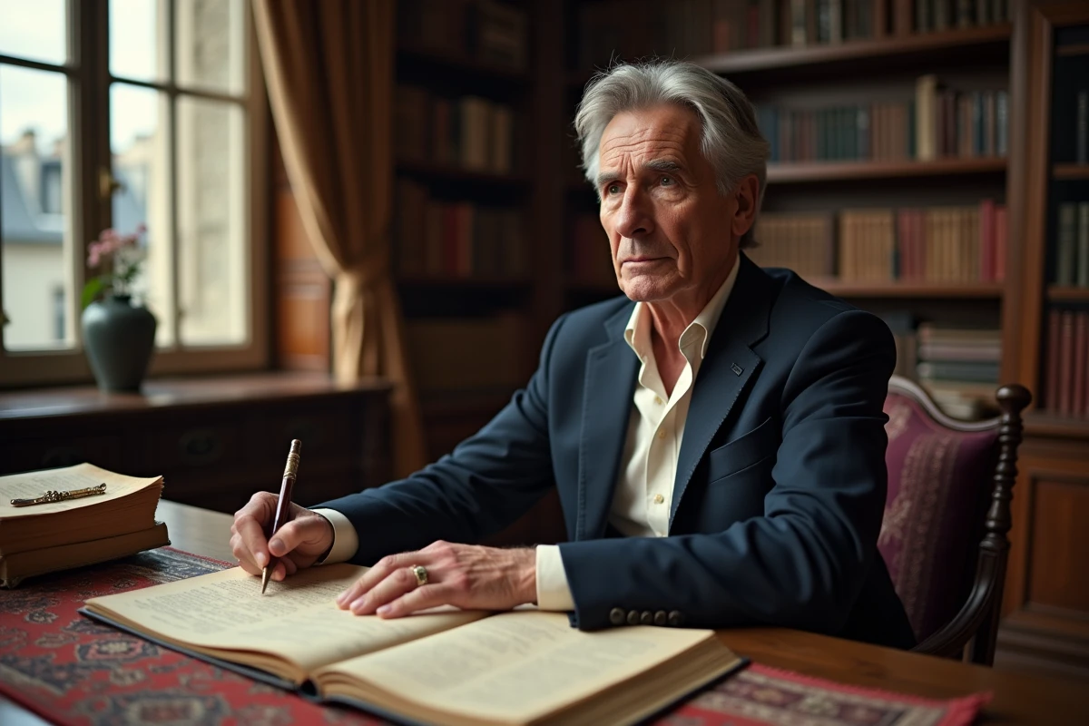 Portrait d'un écrivain célèbre dans son bureau parisien entouré de livres, évoquant l'univers littéraire d'Éric-Emmanuel Schmitt