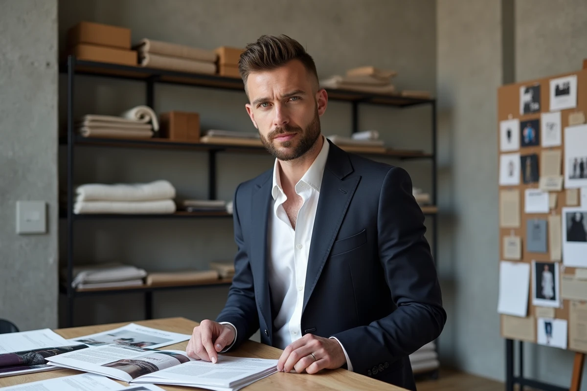 Éditeur de mode masculin consultant des lookbooks dans un studio éditorial parisien minimaliste avec moodboard tendances