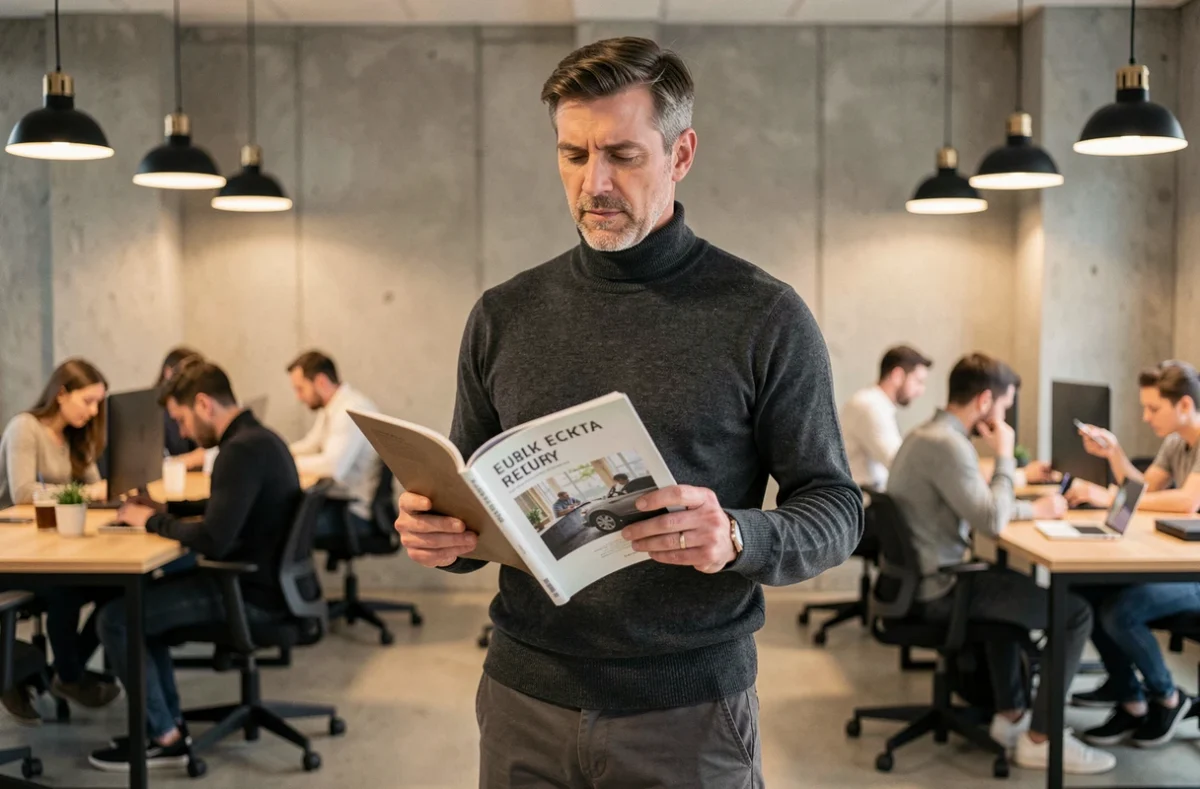 Entrepreneur tenant le magazine SLR dans un espace de coworking moderne pour développer son activité