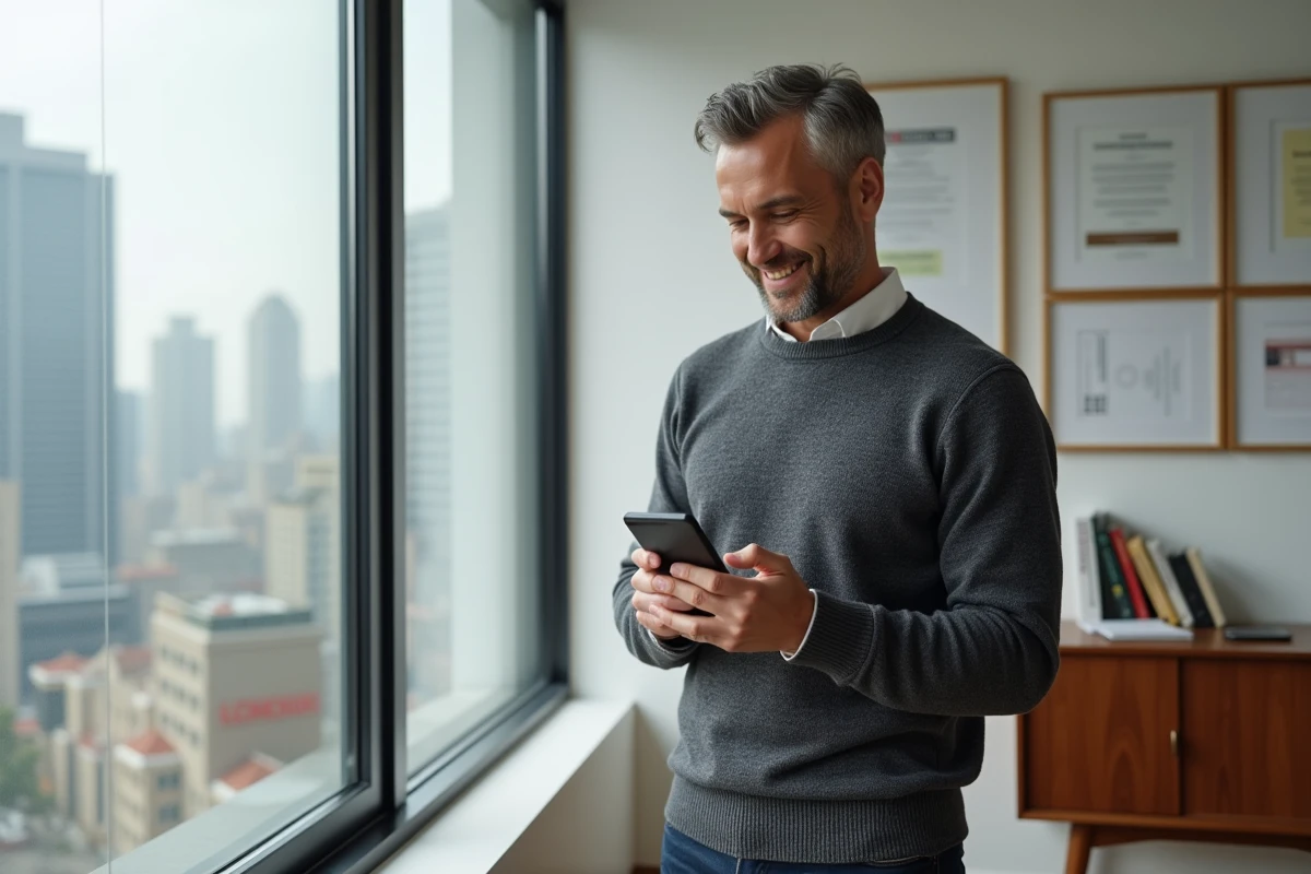 Entrepreneur masculin relisant sa bio professionnelle sur smartphone dans un bureau moderne avec vue urbaine