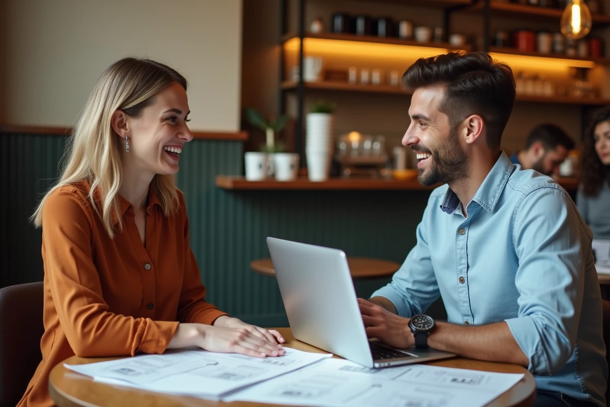 Deux entrepreneurs collaborant sur la rédaction de leurs descriptions personnelles autour d'un café