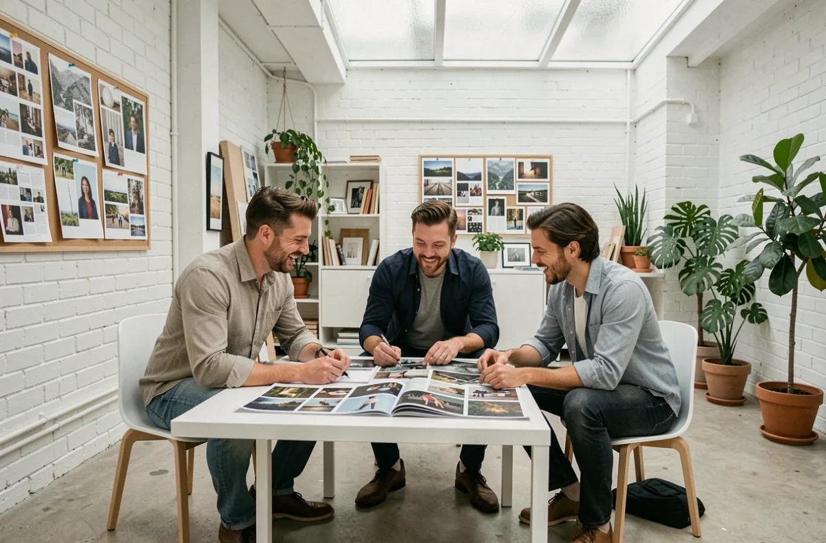 Équipe créative analysant le magazine SLR ensemble dans un studio design pour stimuler leur croissance collective en 2026