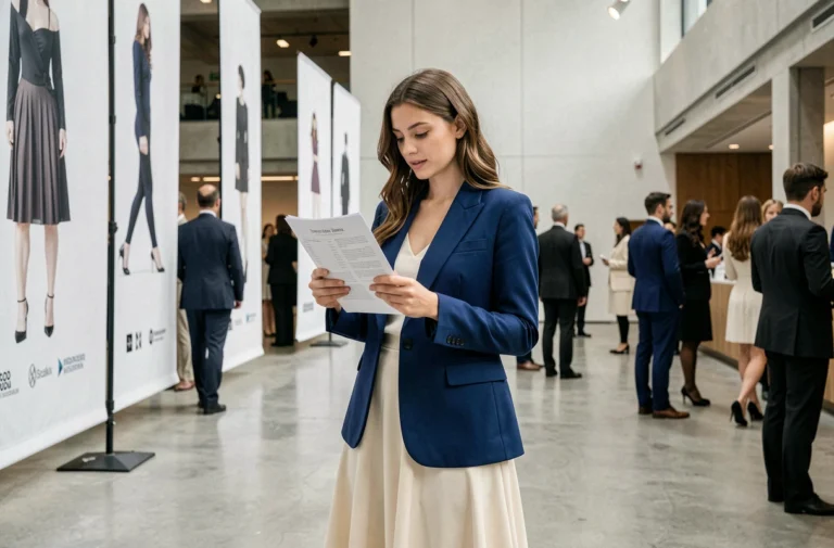 Jeune femme élégante en blazer bleu cobalt à l'entrée d'un événement mode contemporain, tenant un programme de défilé