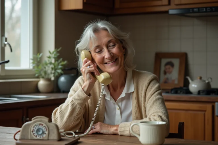 Femme âgée tenant un vieux téléphone contre sa joue avec un sourire nostalgique dans une cuisine rustique