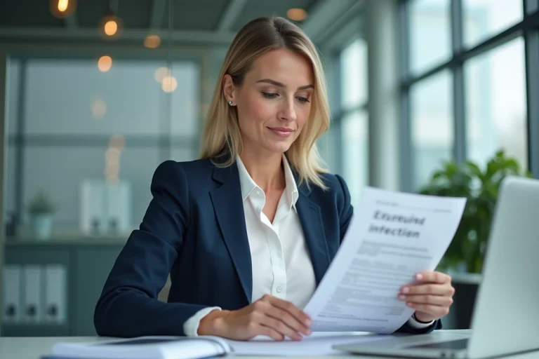 Femme professionnelle en bureau concentrée sur documents bancaires