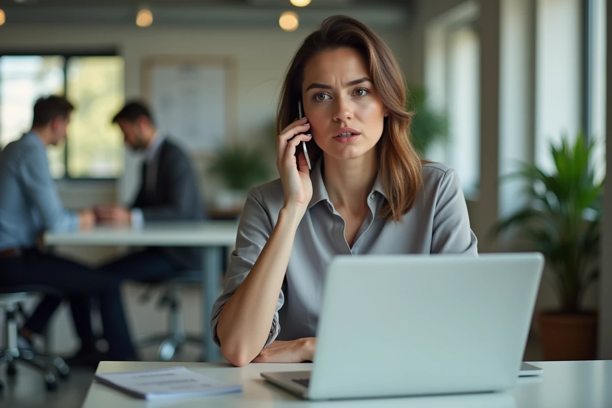 Femme au bureau téléphonant pour gérer une absence familiale urgente depuis son lieu de travail