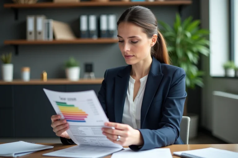 Femme en bureau lisant un flyer coloré avec texte juridique