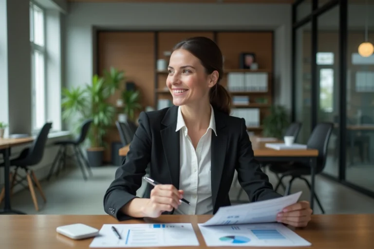 Femme confiante en bureau moderne avec tablette