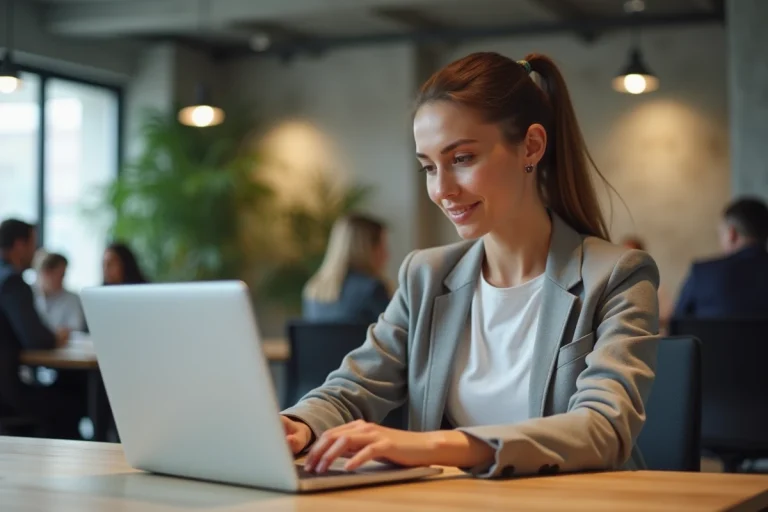 Femme découvrant le nouveau nom de Zakmav sur son ordinateur portable dans un bureau moderne