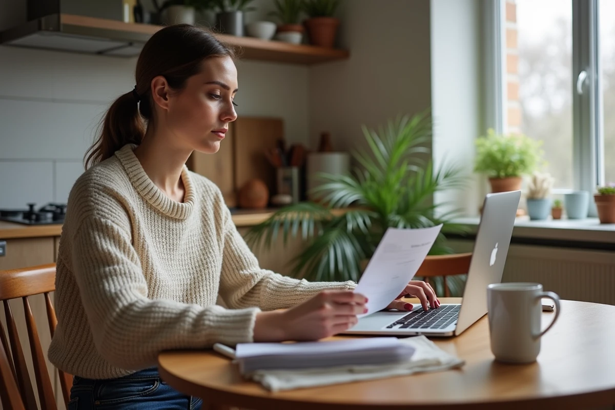 Femme travaillant depuis chez elle sur les démarches administratives liées à une absence familiale urgente