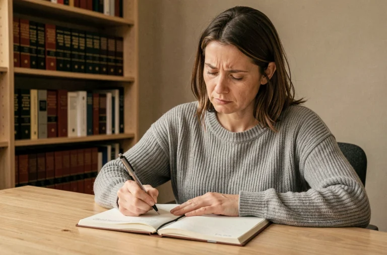 Femme concentrée écrivant dans un cahier dans un bureau à domicile, illustrant l'accord du participe passé en français
