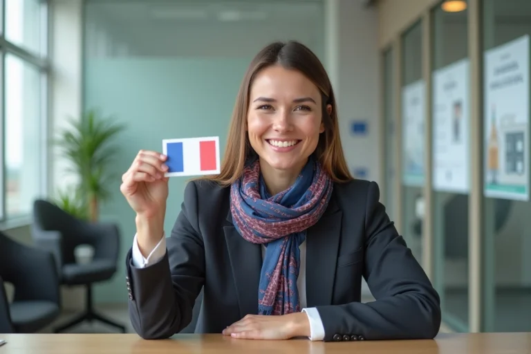 Femme française souriante tenant sa carte consulaire dans un bureau moderne