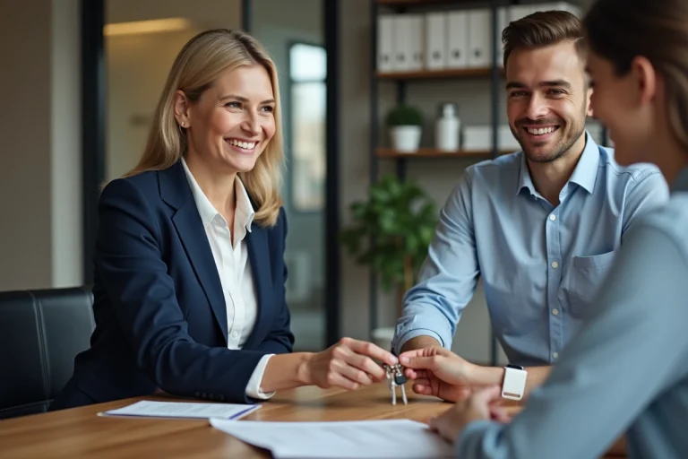 Femme professionnelle souriante remettant des clés à un couple