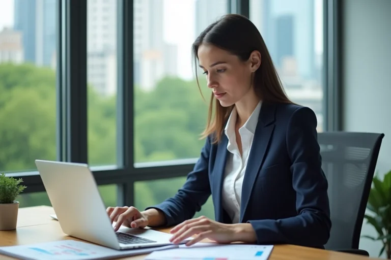 Femme en blazer bleu analysant des graphiques financiers