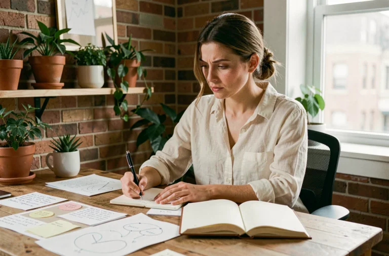 Femme concentrée écrivant dans un journal sur un bureau en bois entouré de notes et d'un tableau de vision, symbolisant la transformation des rêves en projets concrets