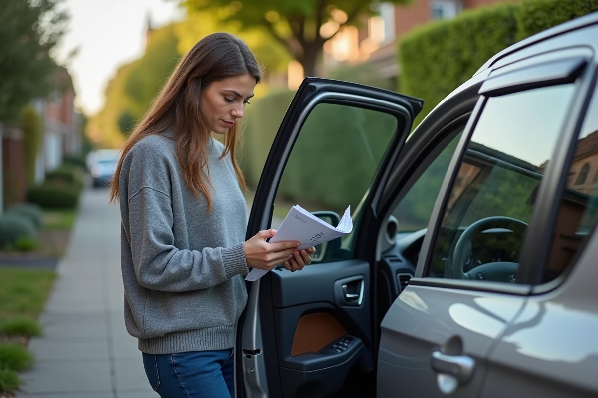 Femme consulte un manuel de voiture dans un quartier résidentiel