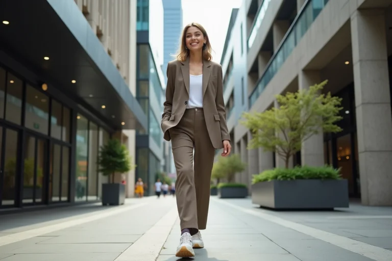 Femme élégante en blazer et sneakers dans la ville
