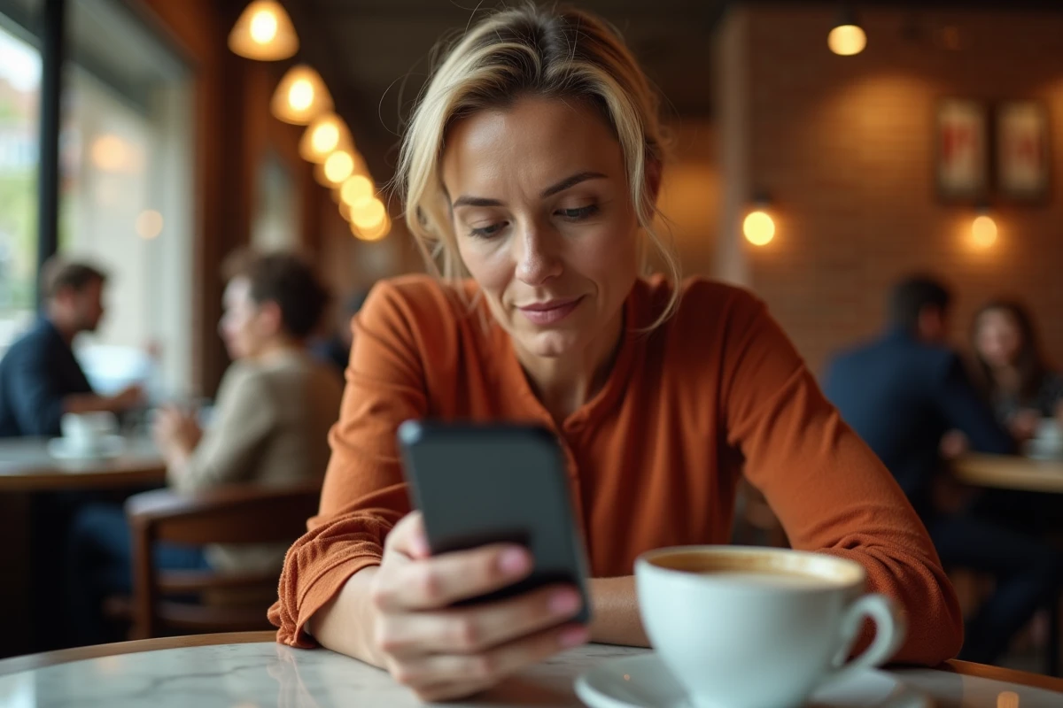 Femme consultant une notification de rebranding Zakmav sur son smartphone dans un café