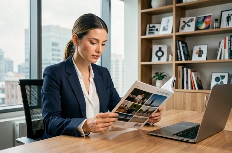Femme professionnelle consultant le magazine SLR à son bureau pour booster sa croissance en 2026