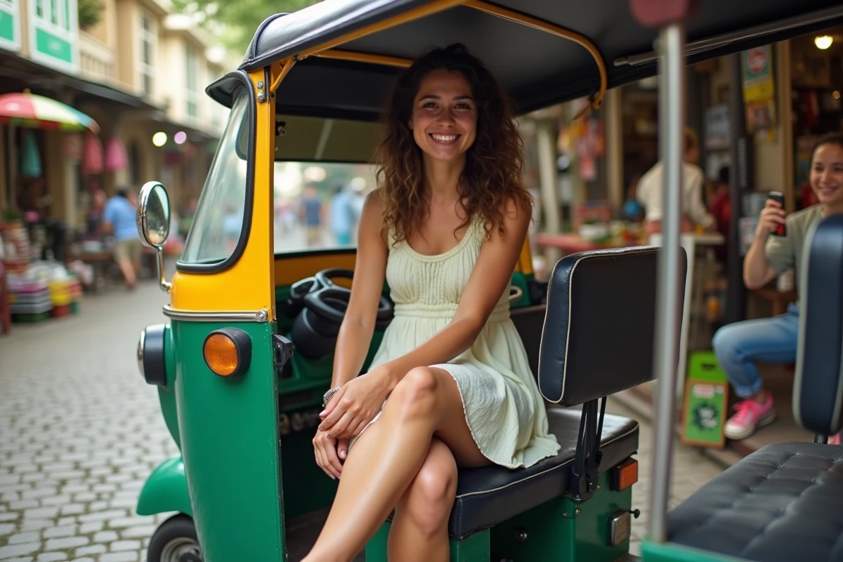 Jeune femme souriante dans un tuk tuk au marché local